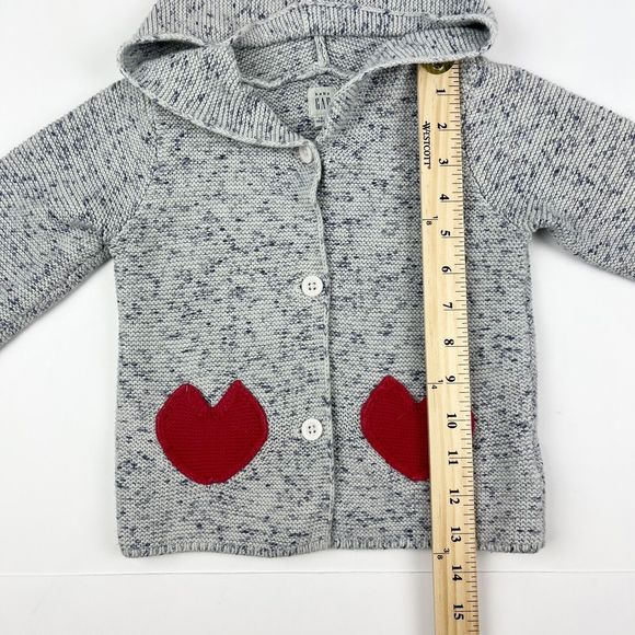 Baby Gap Knit Blue Gray Hooded Heart Pockets Knit Cardigan Sweater Size 18-24 M - Picture 10 of 14